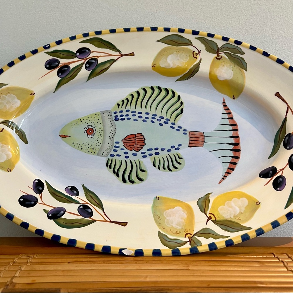 Zrike Pesces Ceramic Oval Serving Platter, 18" x 11.75", Fish Lemons Olives - Picture 6 of 11